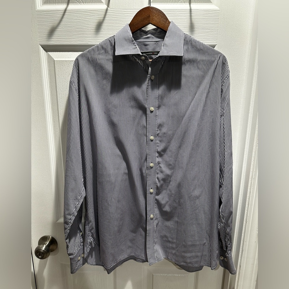 🔹 John Varvatos Regular Fit Button-Up Shirt – Blue Checkered – Size 17 34/35 🔹 - Picture 5 of 9